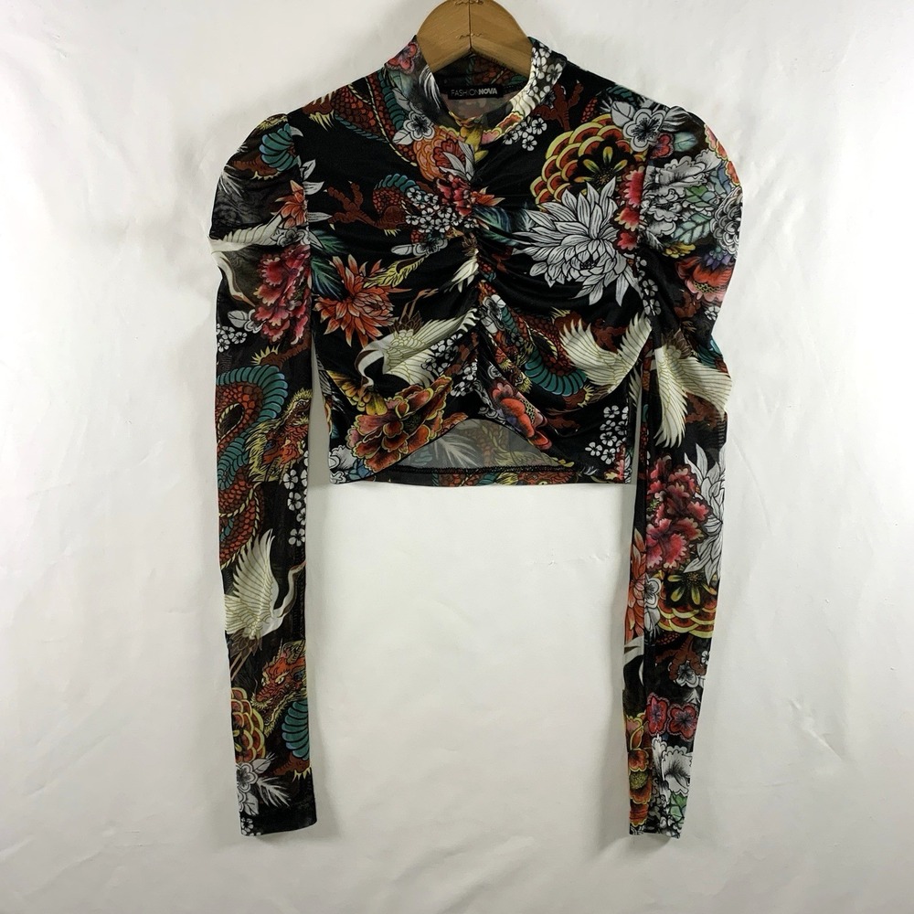 Y2K Japanese Tattoo Print Sheer Mesh Crop Top Small Puff Sleeve Alt Edgy